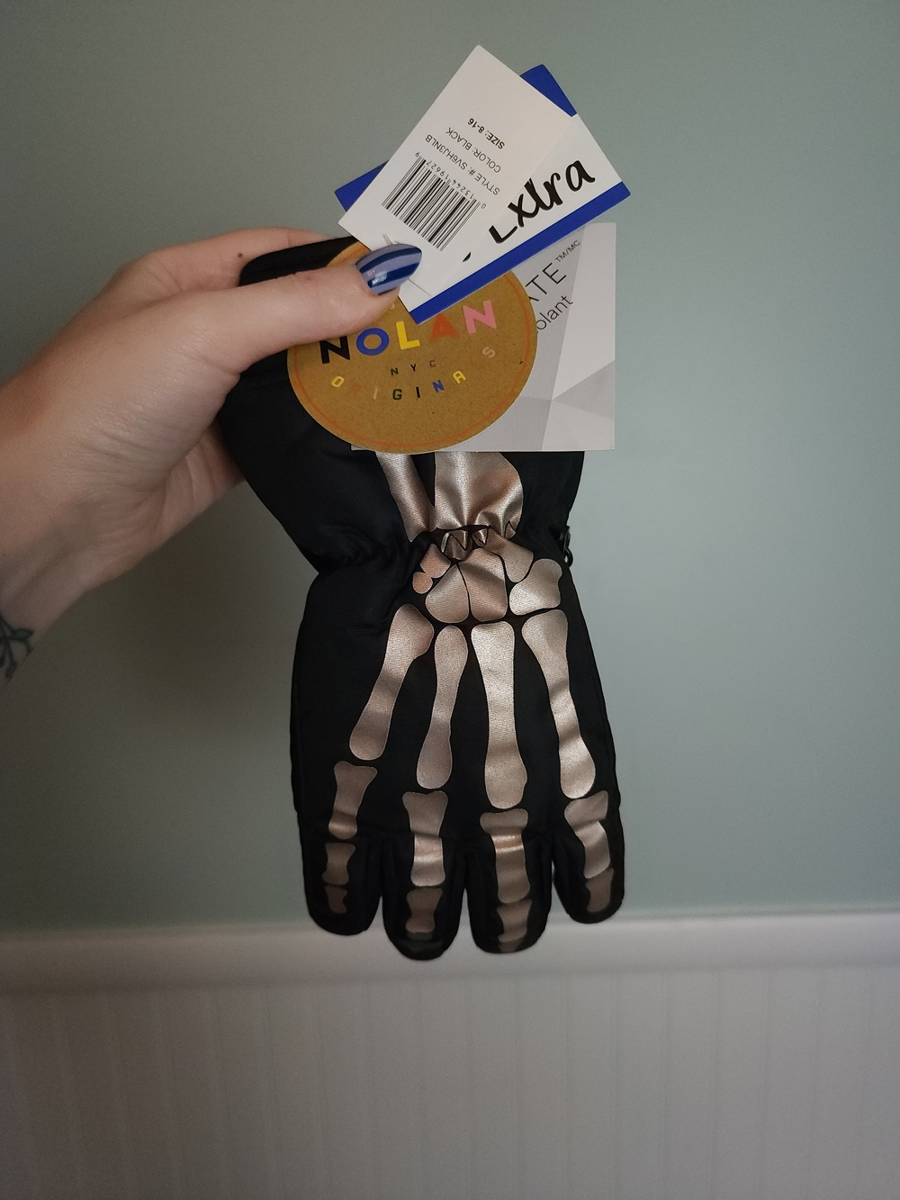 Nola Kids Black Gloves with Metallic Skeleton Print